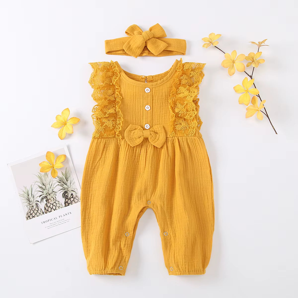 LunaLinen – Baby Girl Cotton Romper & Headdress Set
