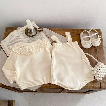 LotusBloom – Embroidered Knit Top & Strap Romper Set for Baby Girls